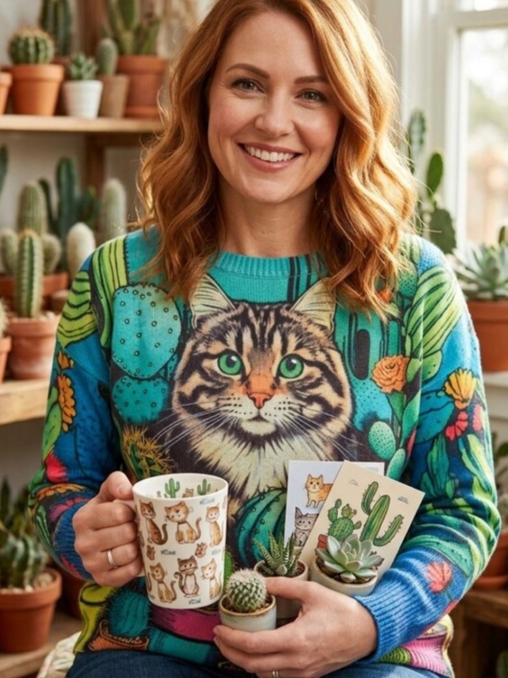 Vintage Cat Graphic Sweater - Teal & Green